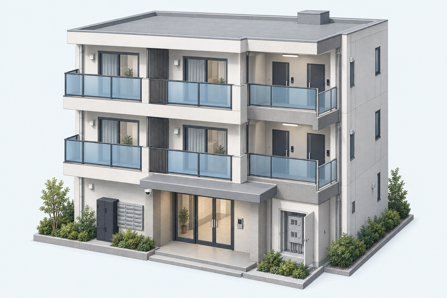 集合玄関、各戸の玄関、廊下、電源設備が見えるマンションの立体イラスト。各設備の位置を番号で示しています。