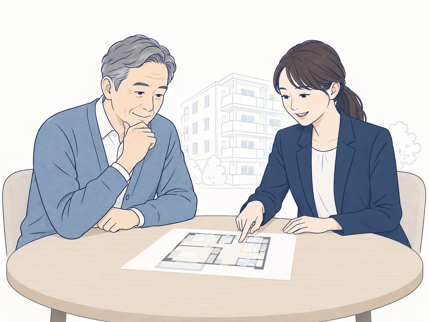 物件の資料を見ながら担当者に相談するオーナーのイメージ